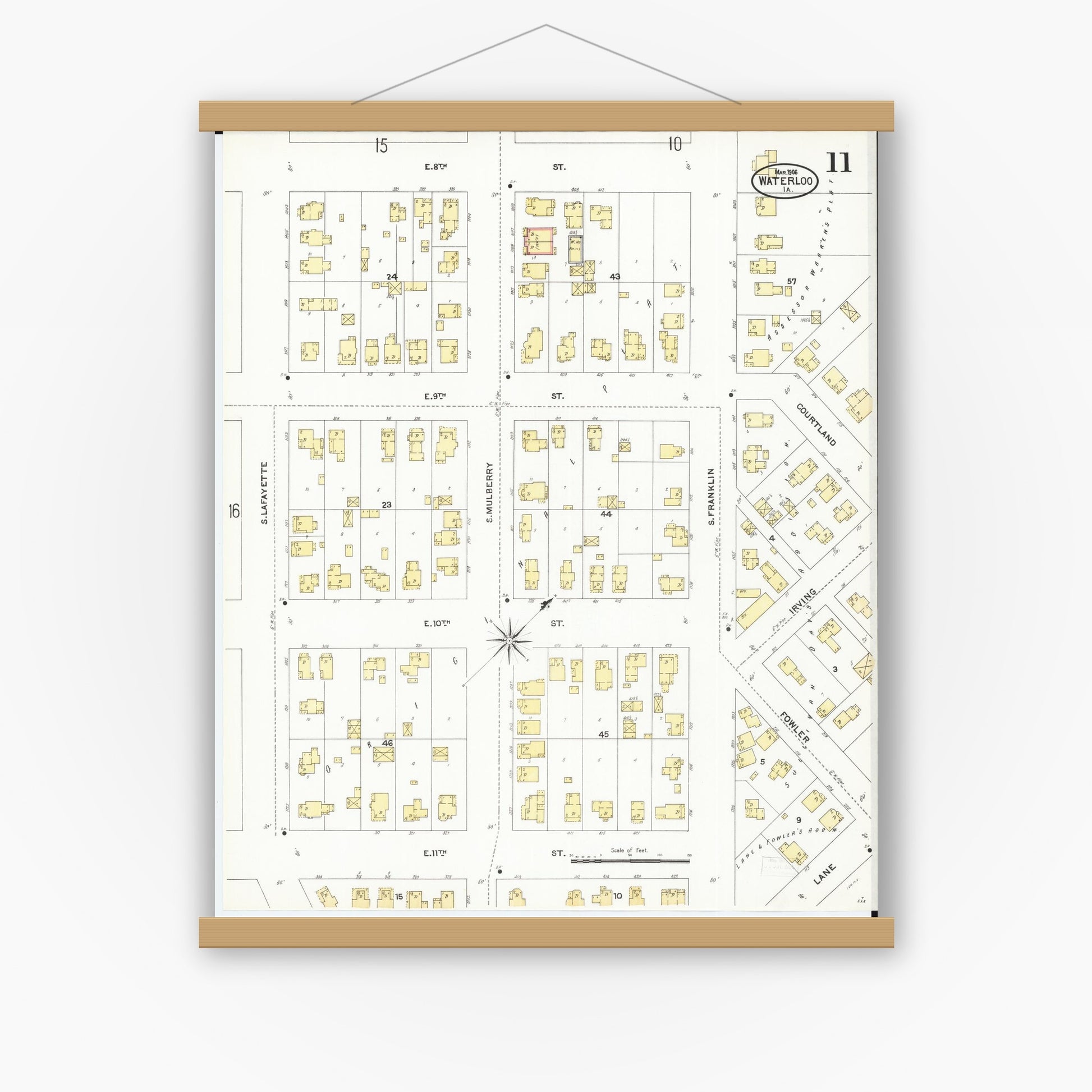 Old map wall art mockup — magnetic wood frame on white wall — Sanborn Fire Insurance Map from Waterloo, Black Hawk County, Iowa (1906), Sheet #0011