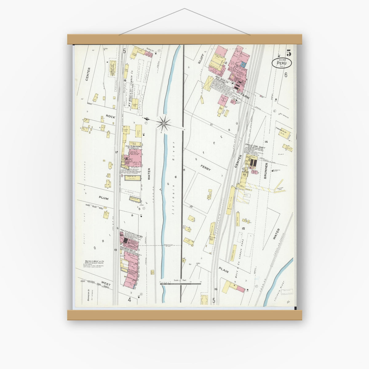 Old map wall art mockup — magnetic wood frame on white wall — Sanborn Fire Insurance Map from Peru, La Salle County, Illinois (1909), Sheet #0005
