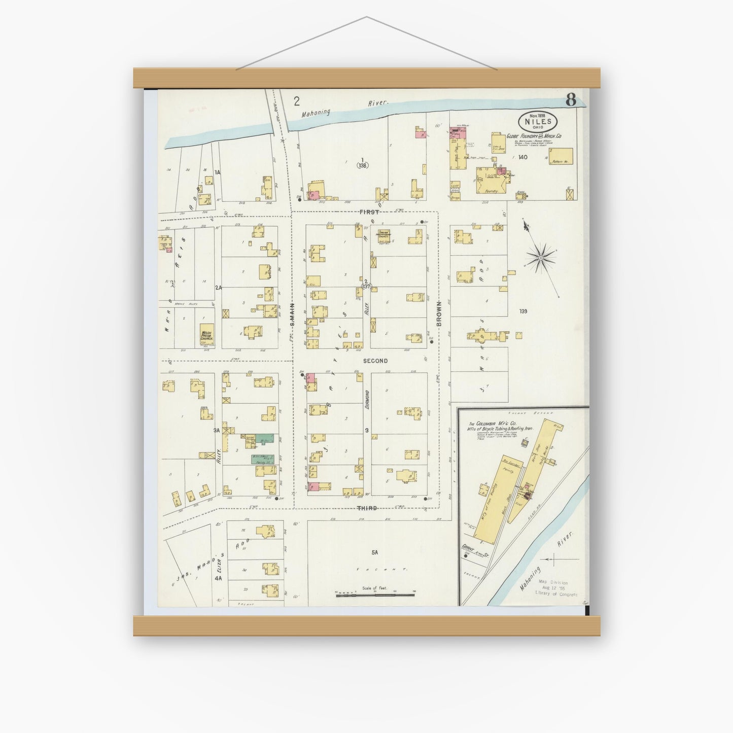 Old map wall art mockup — magnetic wood frame on white wall — Sanborn Fire Insurance Map from Niles, Trumbull County, Ohio (1898), Sheet #0008