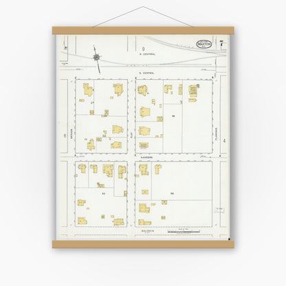Old map wall art mockup — magnetic wood frame on white wall — Sanborn Fire Insurance Map from Maxton, Robeson County, North Carolina (1919), Sheet #0007