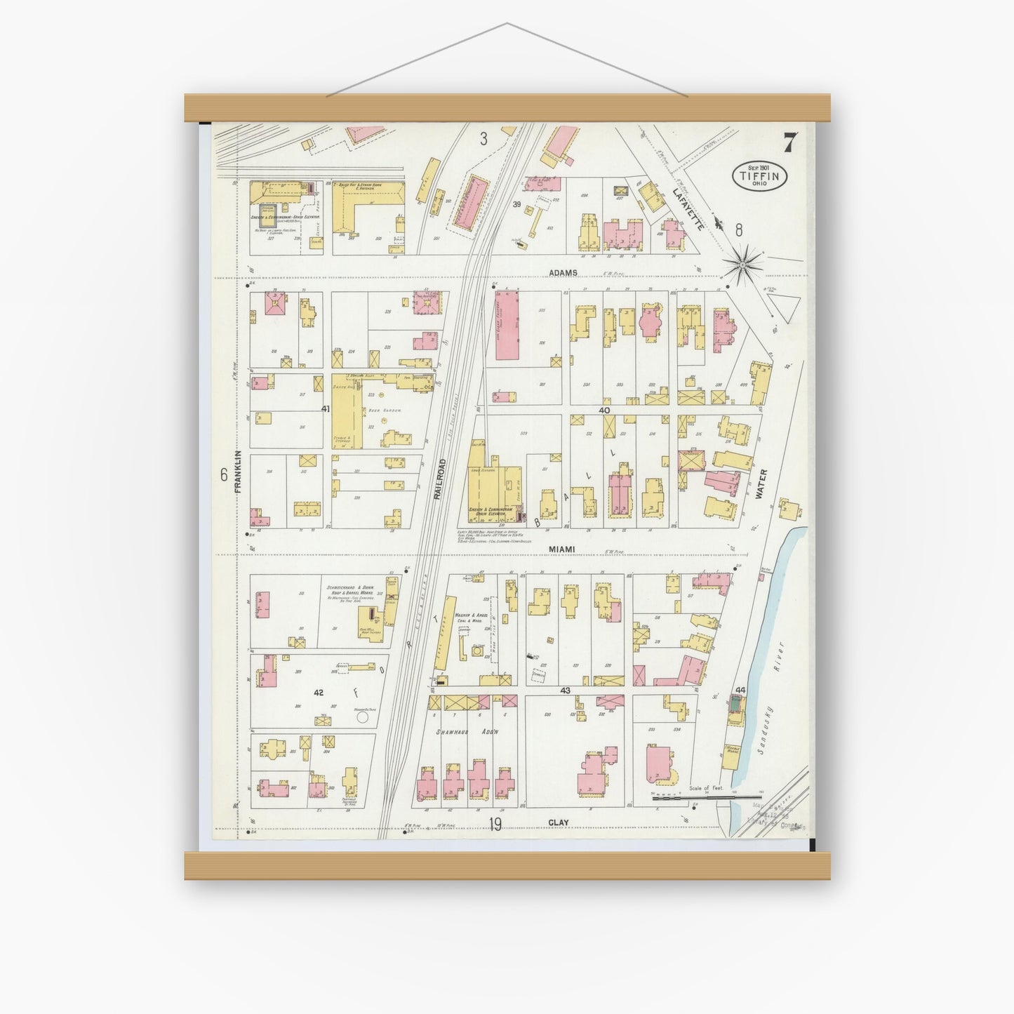 Old map wall art mockup — magnetic wood frame on white wall — Sanborn Fire Insurance Map from Tiffin, Seneca County, Ohio (1901), Sheet #0007