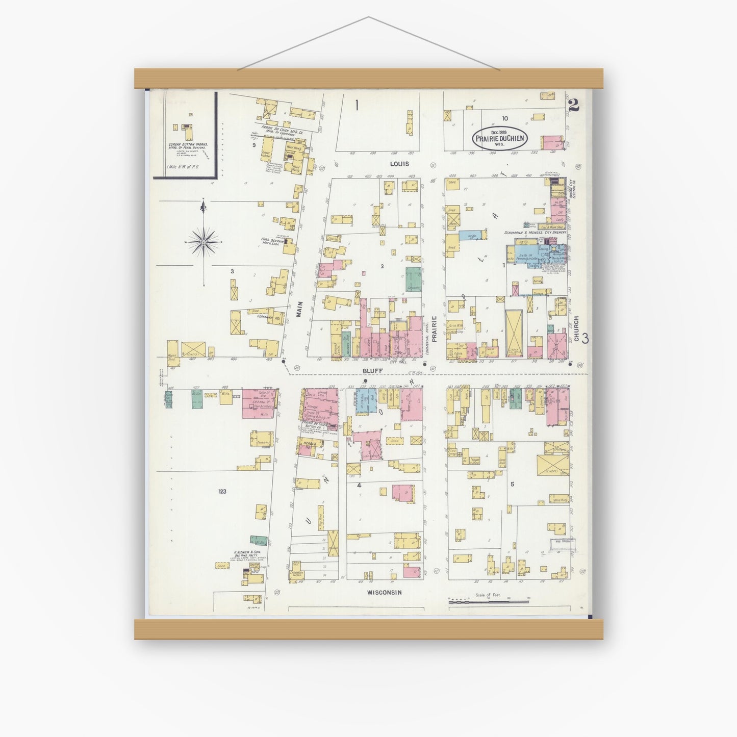 Old map wall art mockup — magnetic wood frame on white wall — Sanborn Fire Insurance Map from Prairie du Chien, Crawford County, Wisconsin (1899), Sheet #0002