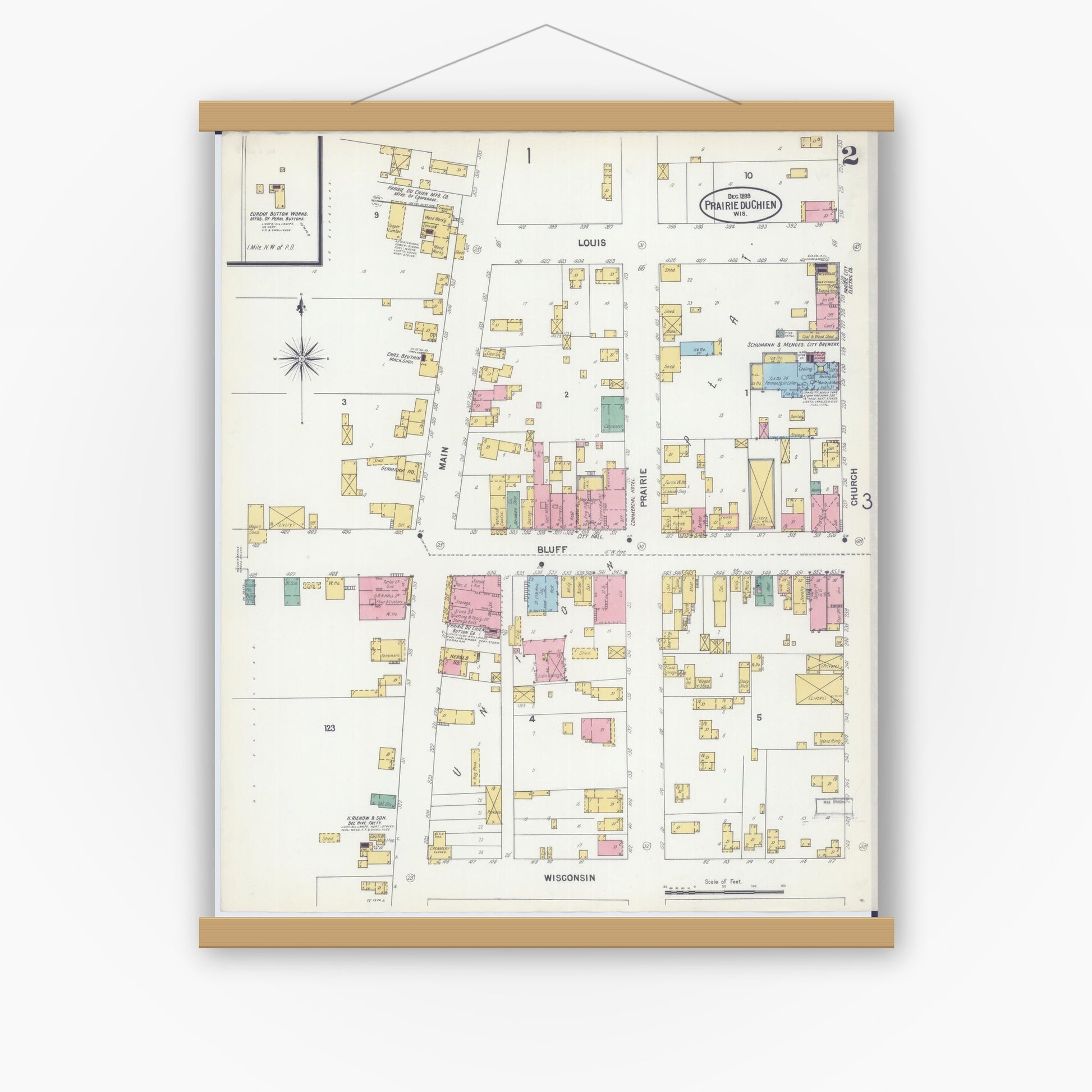 Old map wall art mockup — magnetic wood frame on white wall — Sanborn Fire Insurance Map from Prairie du Chien, Crawford County, Wisconsin (1899), Sheet #0002