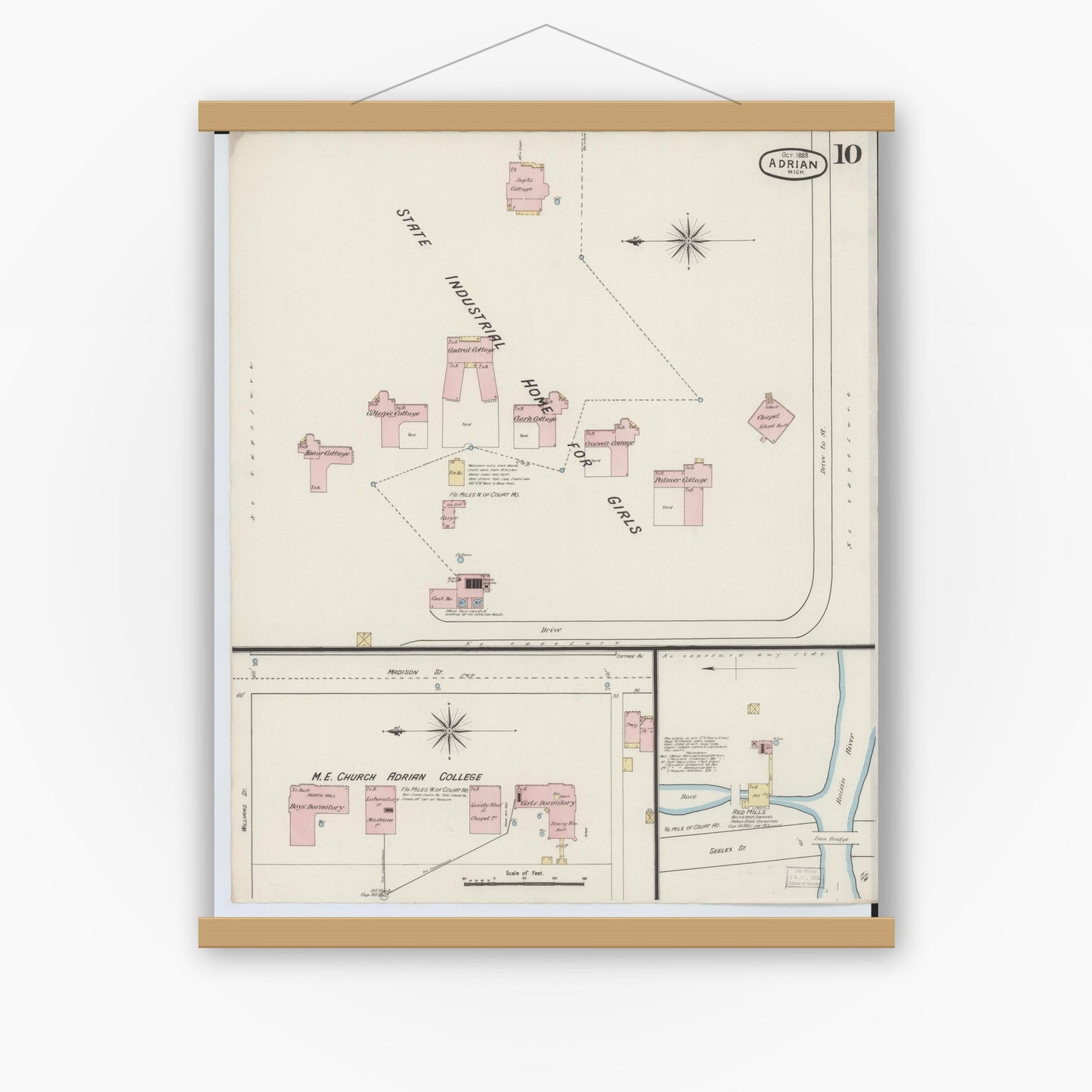 Old map wall art mockup — magnetic wood frame on white wall — Sanborn Fire Insurance Map from Adrian, Lenawee County, Michigan (1888), Sheet #0010