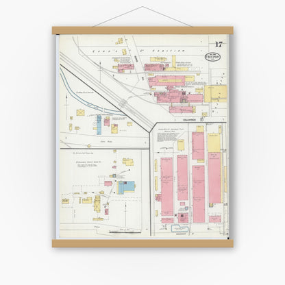 Old map wall art mockup — magnetic wood frame on white wall — Sanborn Fire Insurance Map from Freeport, Stephenson County, Illinois (1904), Sheet #0017