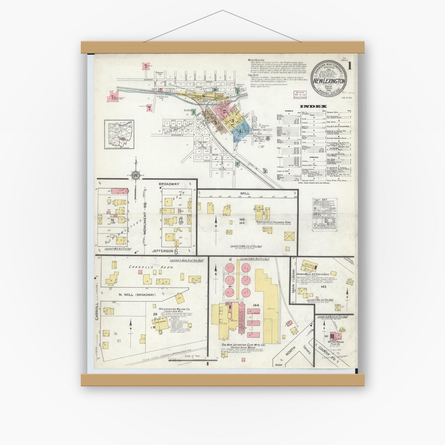Old map wall art mockup — magnetic wood frame on white wall — Sanborn Fire Insurance Map from New Lexington, Perry County, Ohio (1916) - Complete Map Set