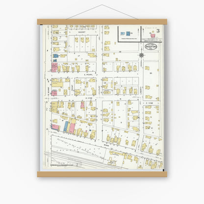 Old map wall art mockup — magnetic wood frame on white wall — Sanborn Fire Insurance Map from Bradford, Darke and Miami Counties, Ohio (1920), Sheet #0003