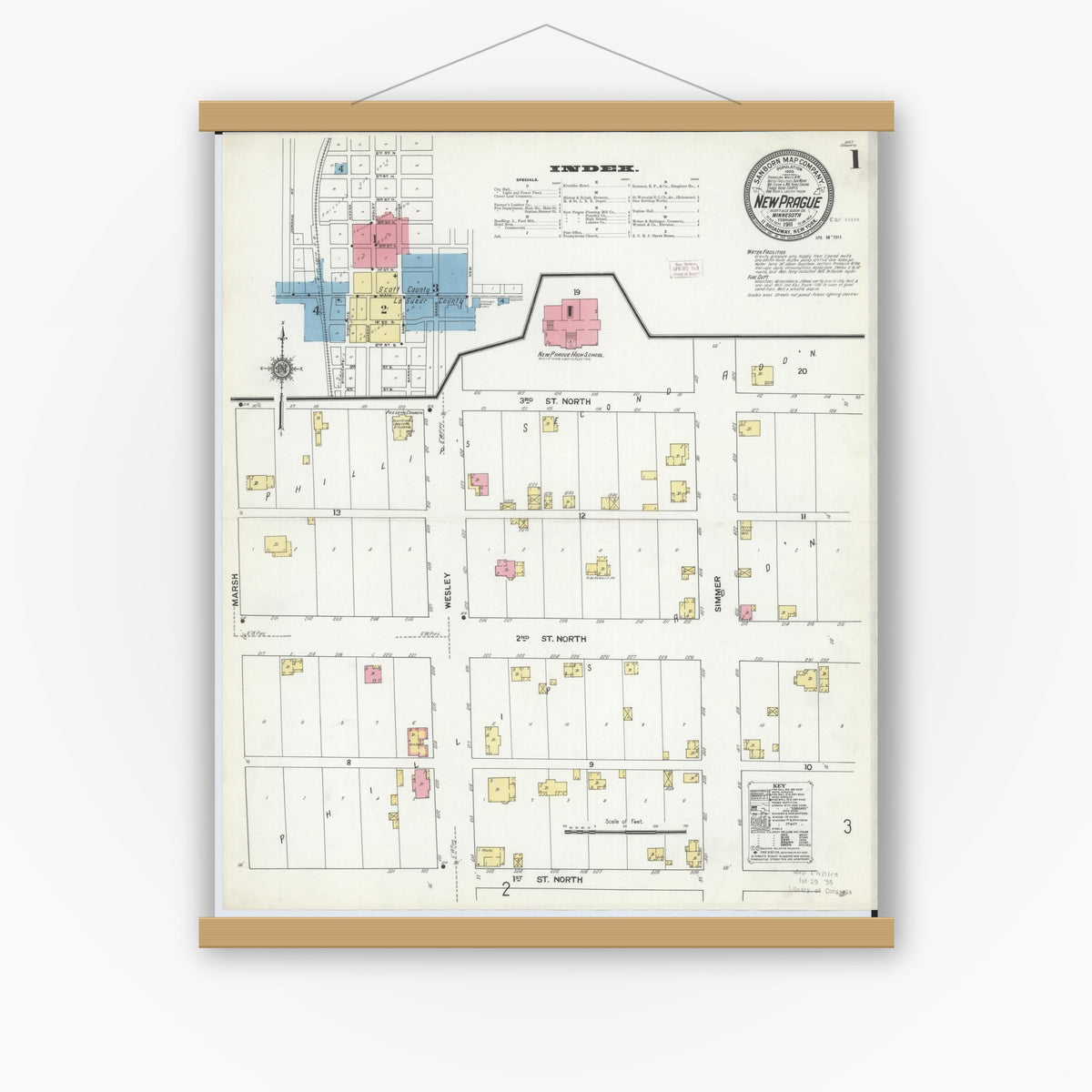 Old map wall art mockup — magnetic wood frame on white wall — Sanborn Fire Insurance Map from New Prague, Scott And Le Sueur, Minnesota (1911), Sheet #0001