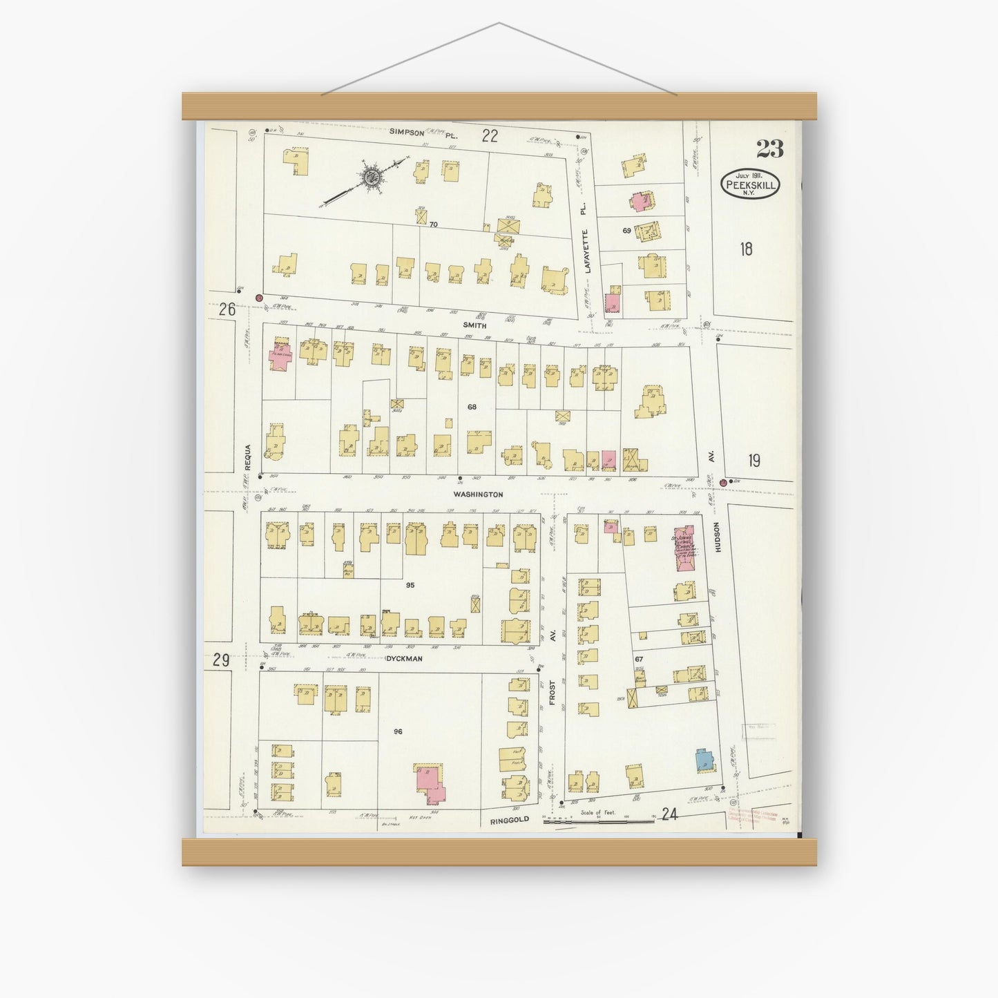 Old map wall art mockup — magnetic wood frame on white wall — Sanborn Fire Insurance Map from Peekskill, Westchester County, New York (1911), Sheet #0023