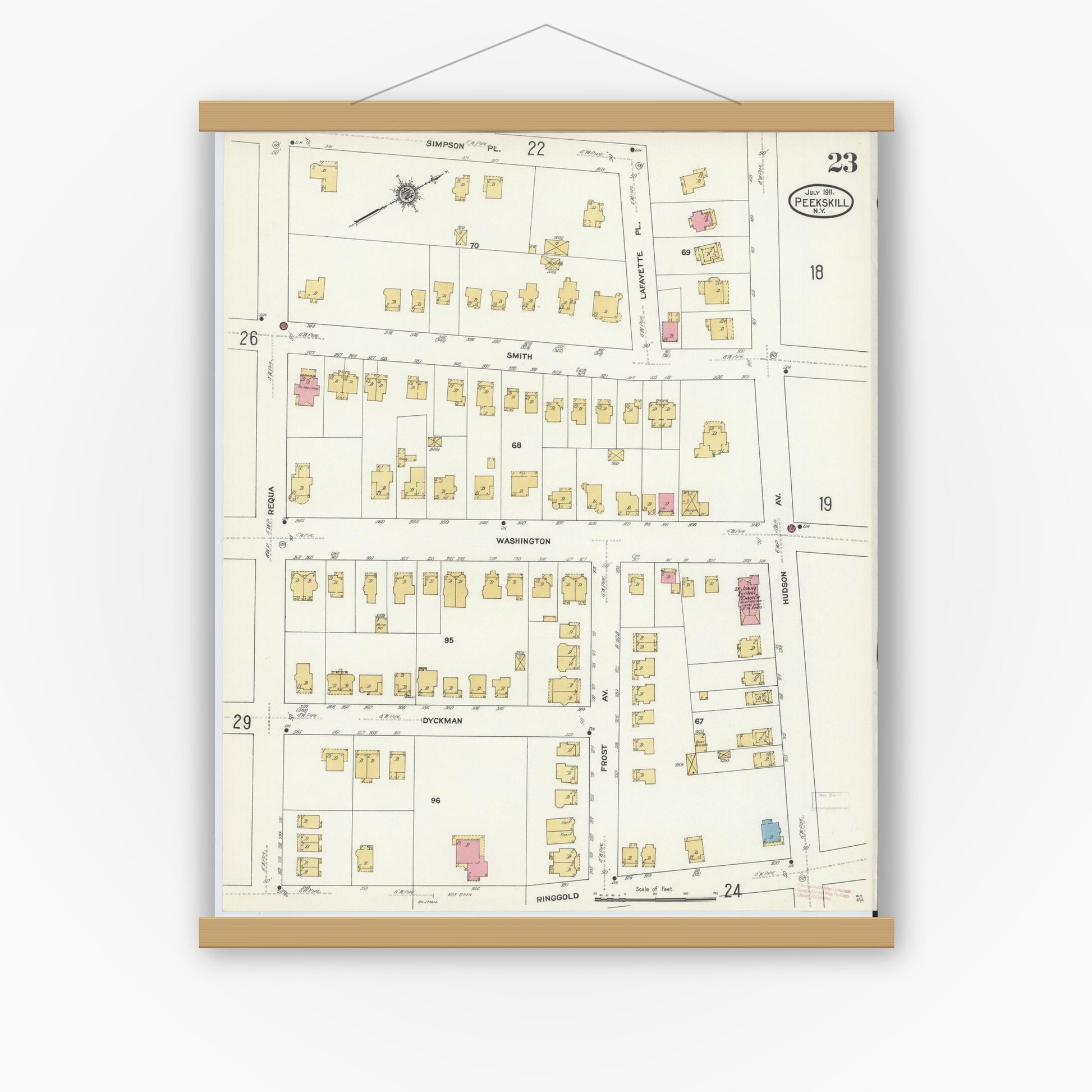 Old map wall art mockup — magnetic wood frame on white wall — Sanborn Fire Insurance Map from Peekskill, Westchester County, New York (1911), Sheet #0023