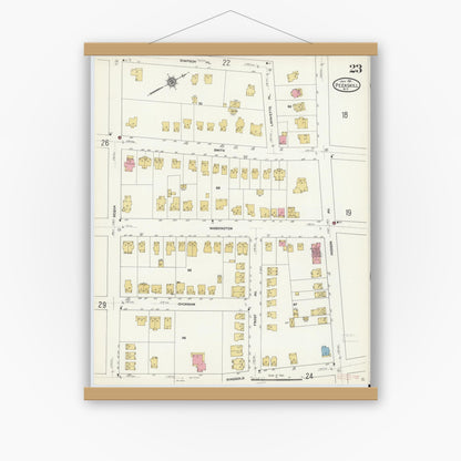Old map wall art mockup — magnetic wood frame on white wall — Sanborn Fire Insurance Map from Peekskill, Westchester County, New York (1911), Sheet #0023