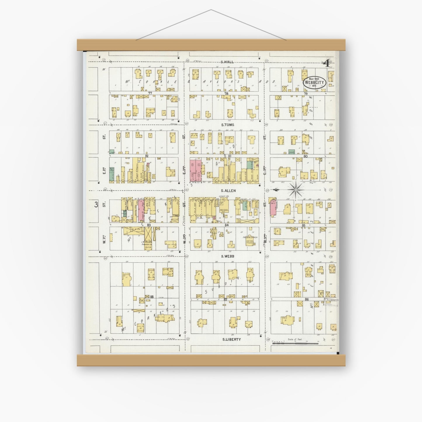 Old map wall art mockup — magnetic wood frame on white wall — Sanborn Fire Insurance Map from Webb City, Jasper County, Missouri (1900), Sheet #0004