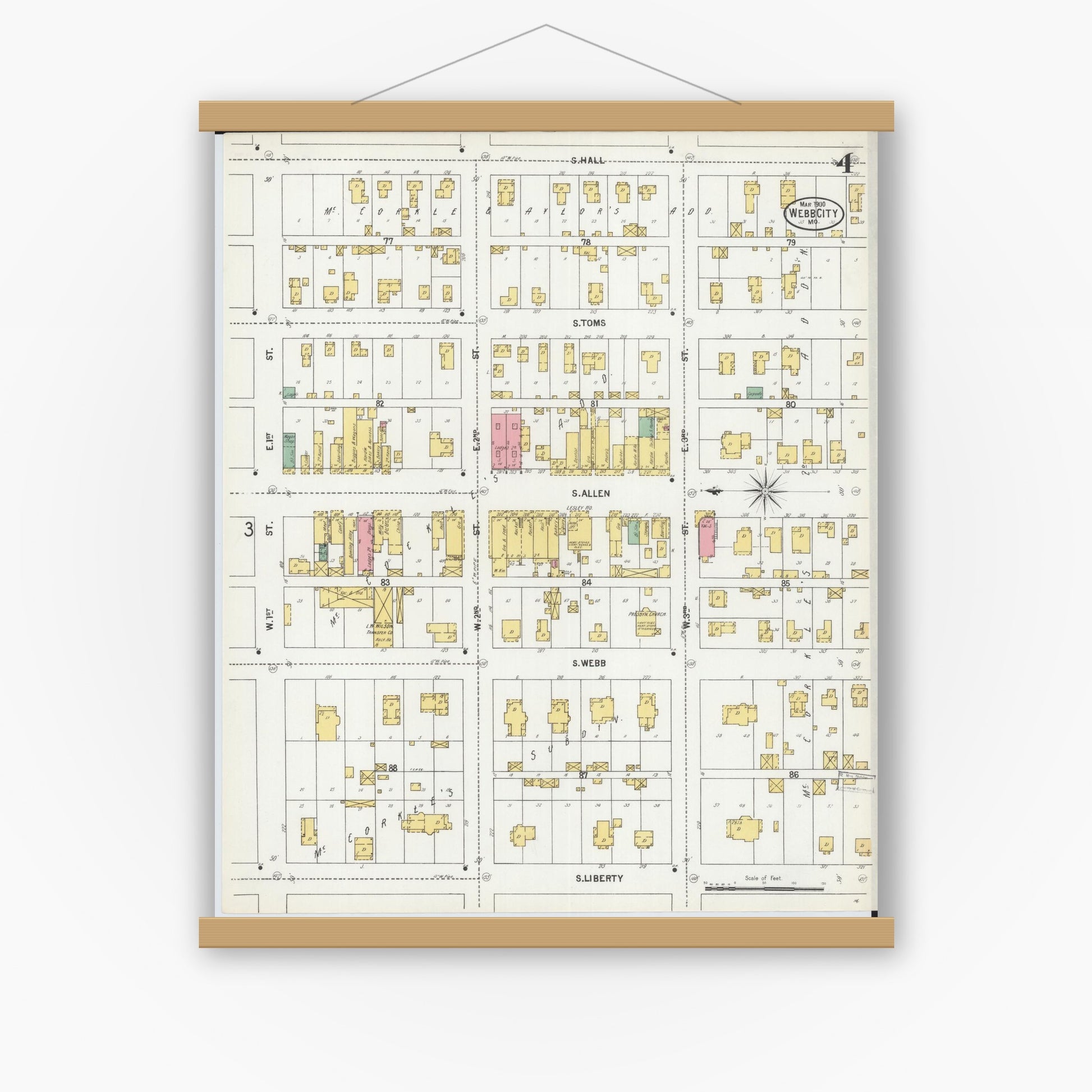 Old map wall art mockup — magnetic wood frame on white wall — Sanborn Fire Insurance Map from Webb City, Jasper County, Missouri (1900), Sheet #0004
