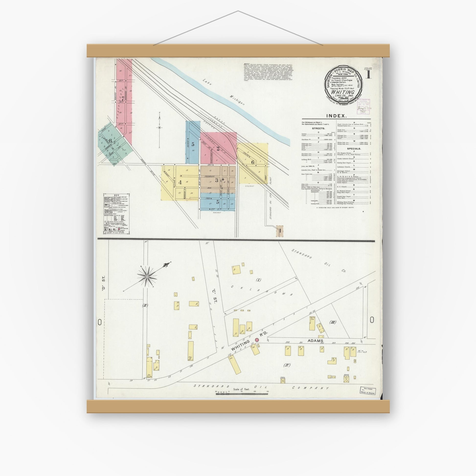 Old map wall art mockup — magnetic wood frame on white wall — Sanborn Fire Insurance Map from Whiting, Lake County, Indiana (1901) - Complete Map Set