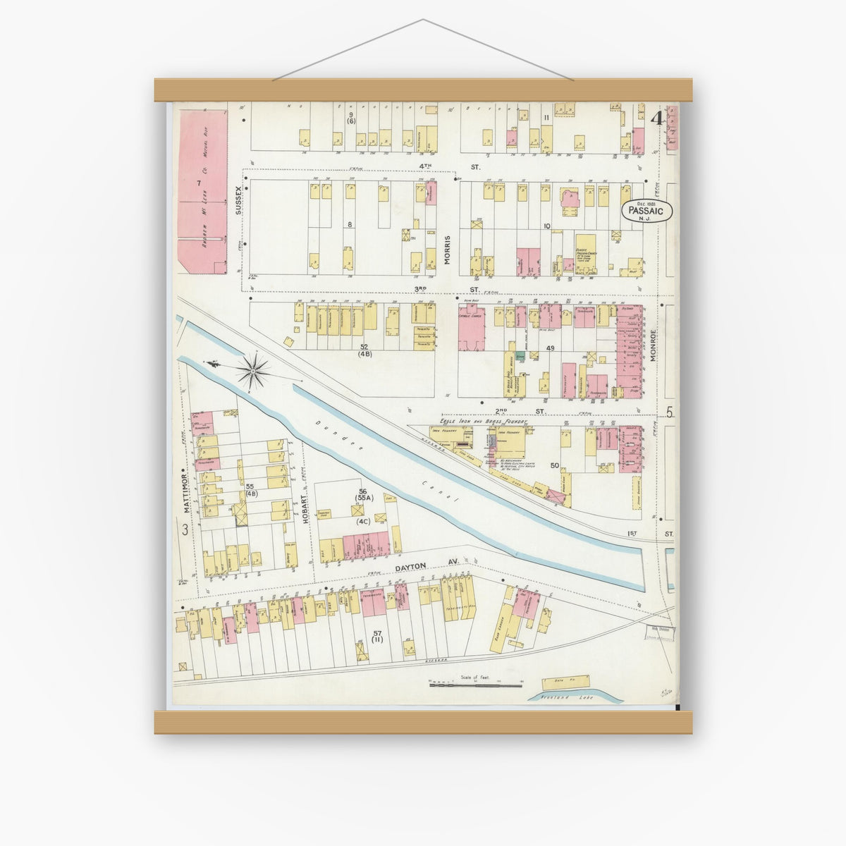 Old map wall art mockup — magnetic wood frame on white wall — Sanborn Fire Insurance Map from Passaic, Passaic County, New Jersey (1903), Sheet #0004