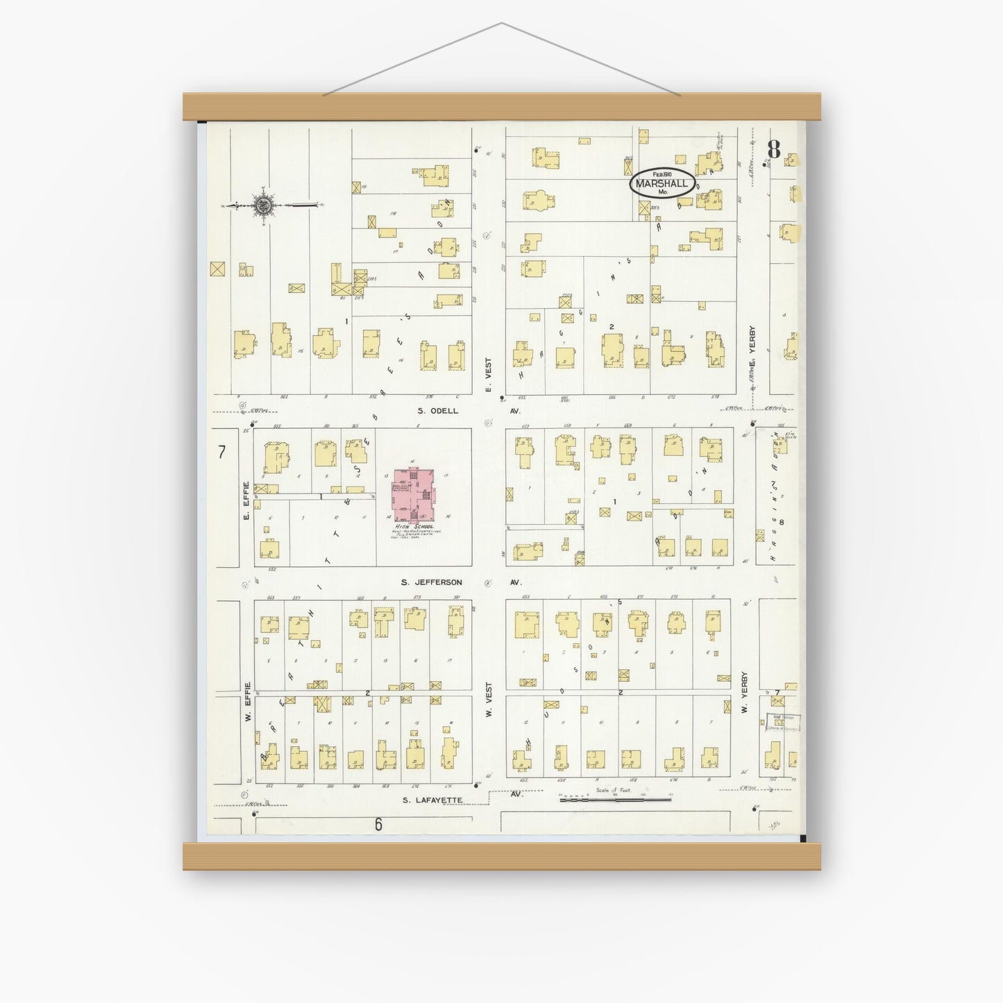 Old map wall art mockup — magnetic wood frame on white wall — Sanborn Fire Insurance Map from Marshall, Saline County, Missouri (1910), Sheet #0008
