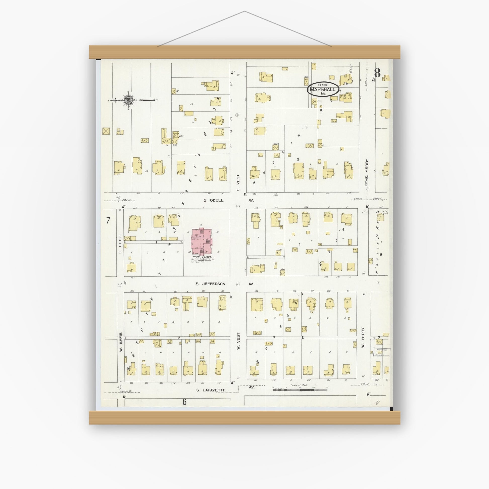 Old map wall art mockup — magnetic wood frame on white wall — Sanborn Fire Insurance Map from Marshall, Saline County, Missouri (1910), Sheet #0008