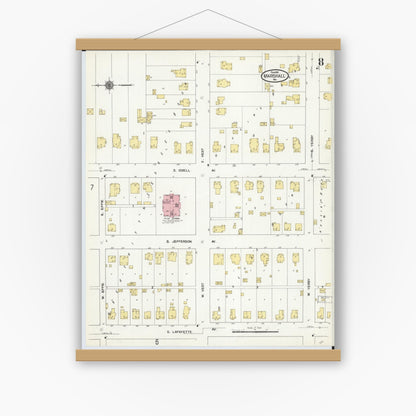 Old map wall art mockup — magnetic wood frame on white wall — Sanborn Fire Insurance Map from Marshall, Saline County, Missouri (1910), Sheet #0008