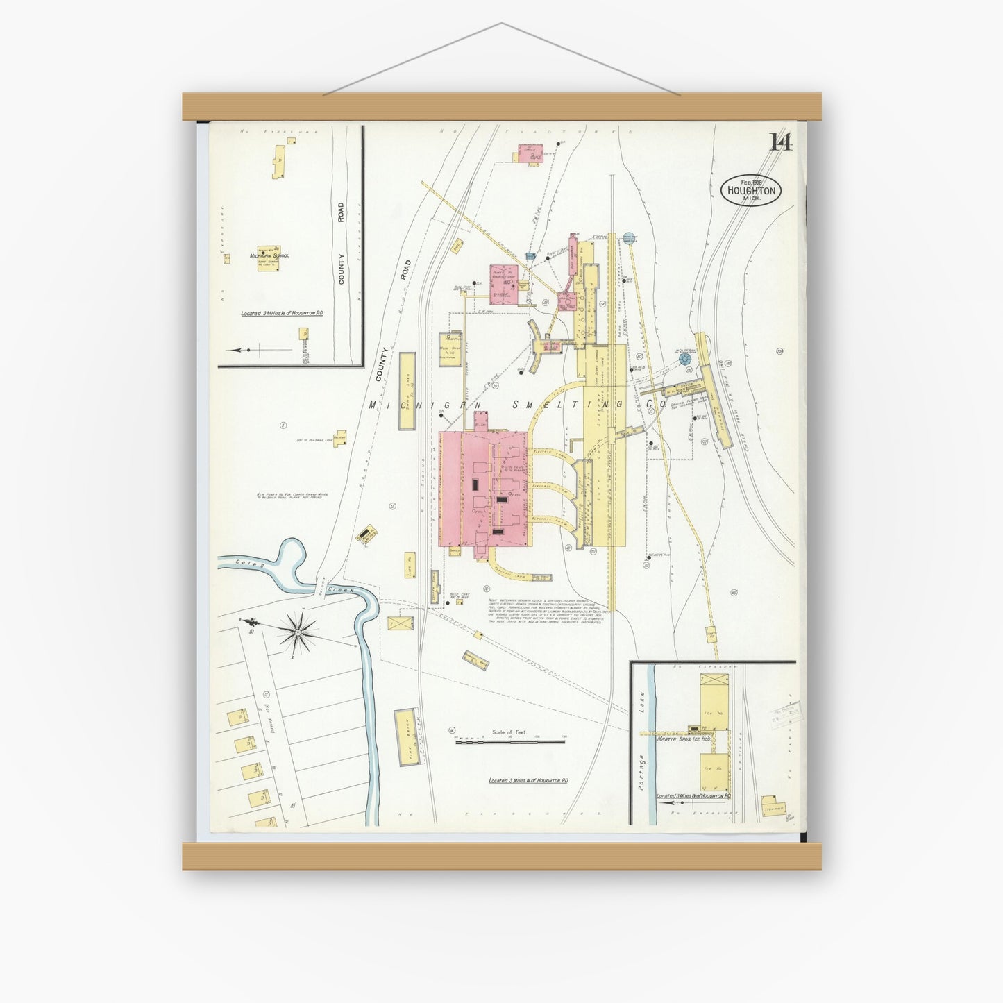 Old map wall art mockup — magnetic wood frame on white wall — Sanborn Fire Insurance Map from Houghton, Houghton County, Michigan (1908), Sheet #0014