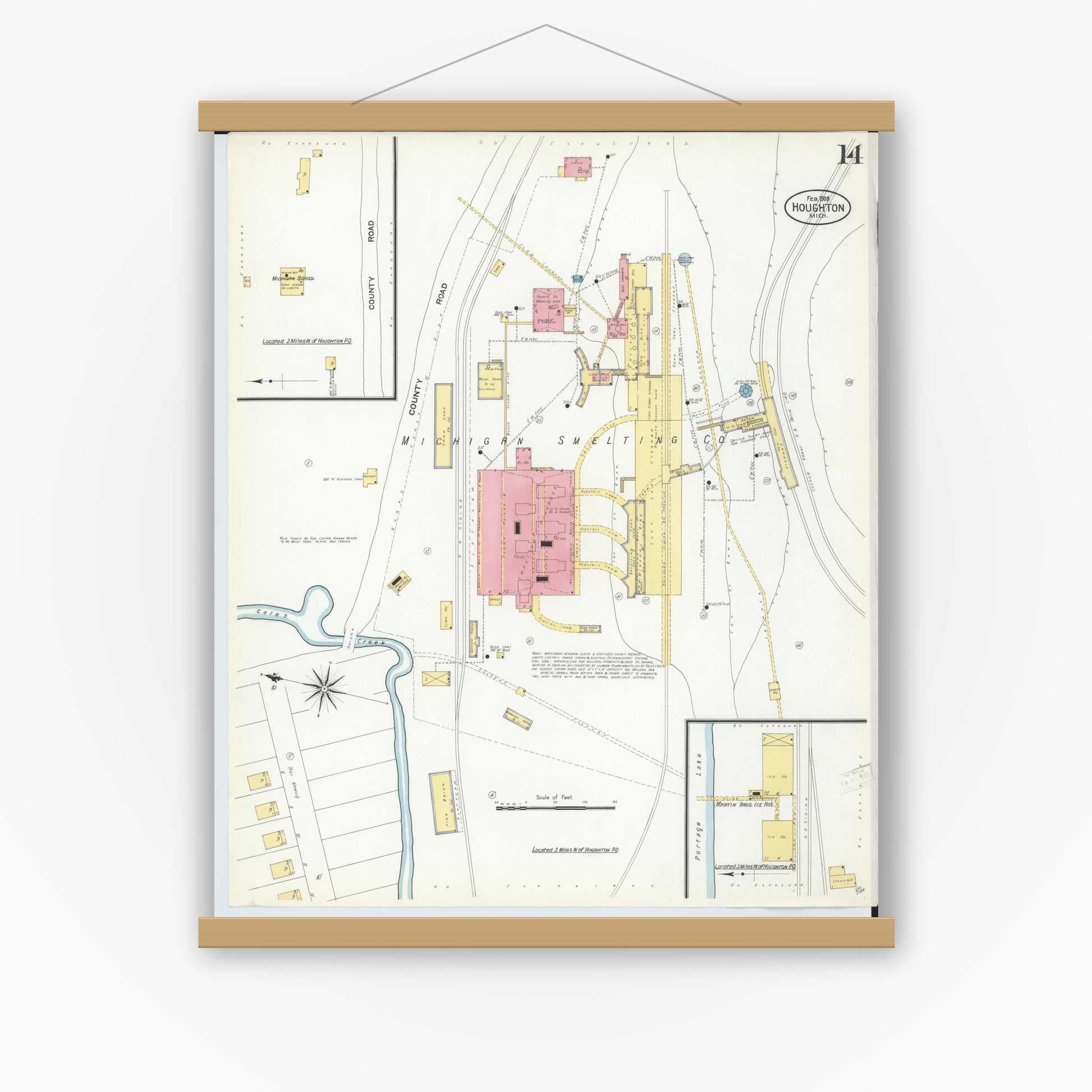 Old map wall art mockup — magnetic wood frame on white wall — Sanborn Fire Insurance Map from Houghton, Houghton County, Michigan (1908), Sheet #0014