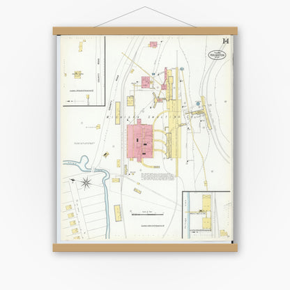 Old map wall art mockup — magnetic wood frame on white wall — Sanborn Fire Insurance Map from Houghton, Houghton County, Michigan (1908), Sheet #0014