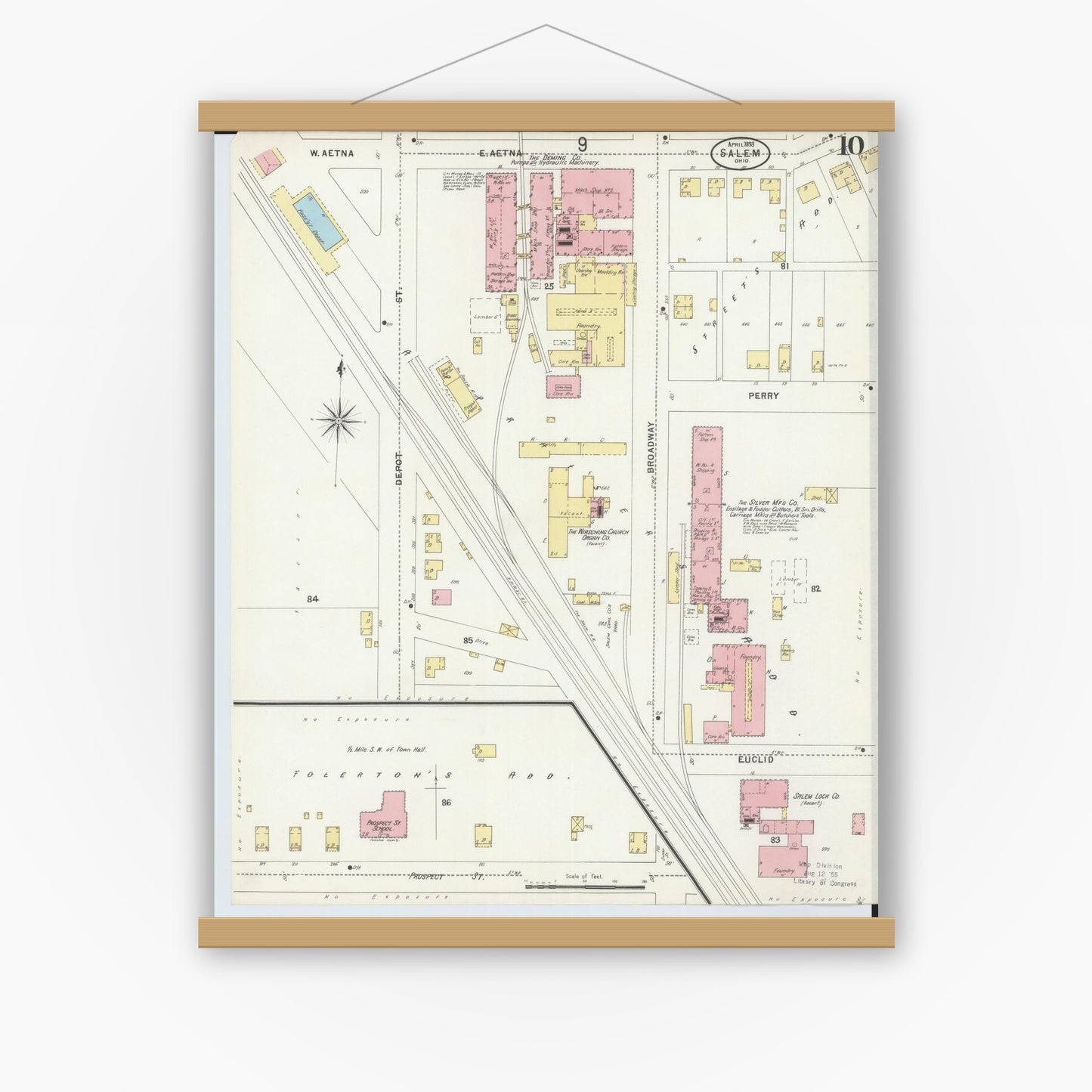 Old map wall art mockup — magnetic wood frame on white wall — Sanborn Fire Insurance Map from Salem, Columbiana County, Ohio (1898), Sheet #0010