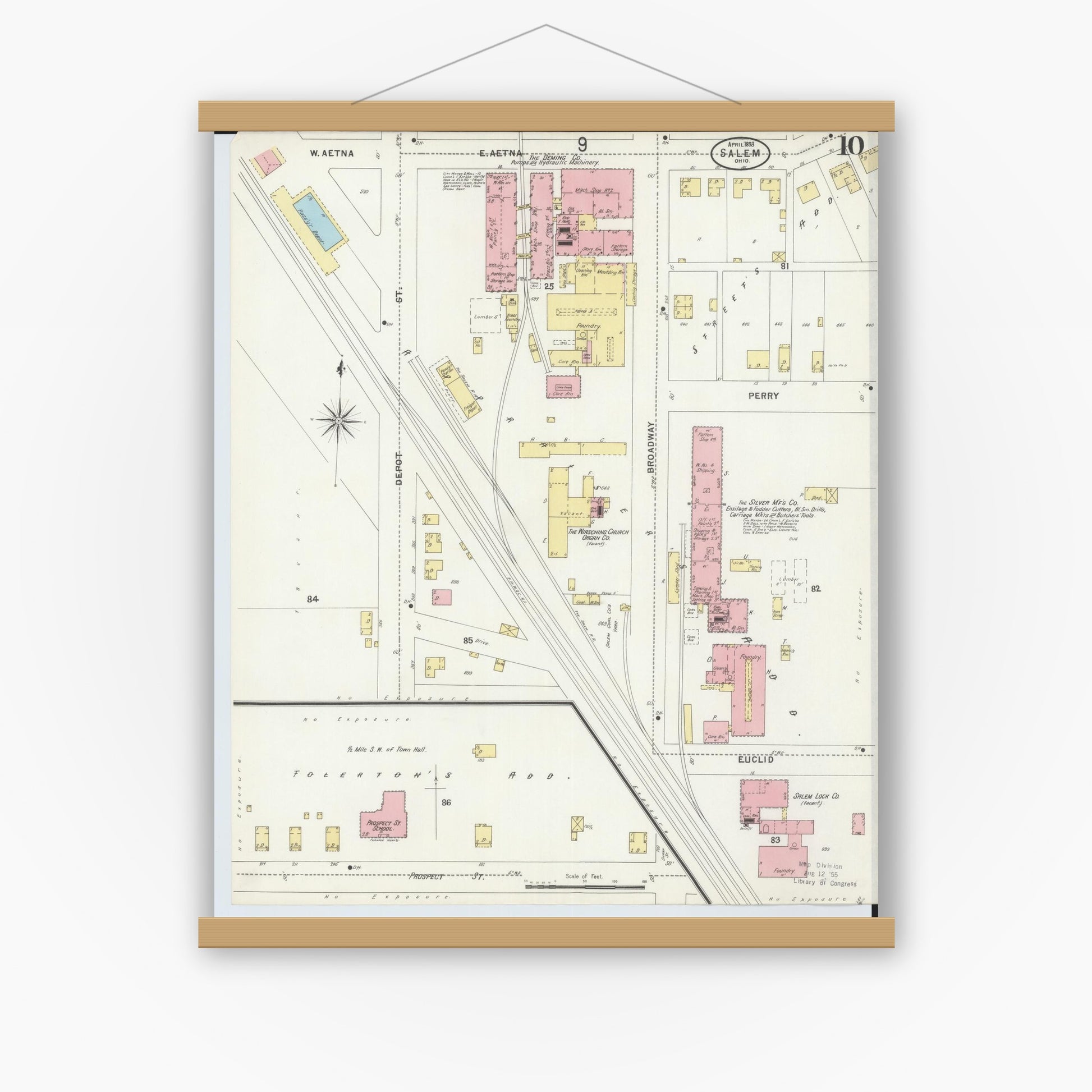 Old map wall art mockup — magnetic wood frame on white wall — Sanborn Fire Insurance Map from Salem, Columbiana County, Ohio (1898), Sheet #0010