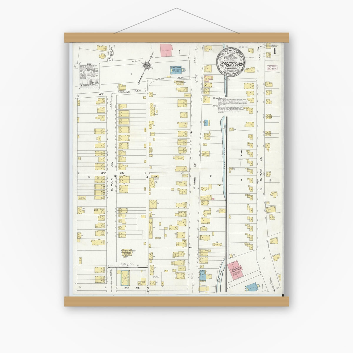 Old map wall art mockup — magnetic wood frame on white wall — Sanborn Fire Insurance Map from Yeagertown, Mifflin County, Pennsylvania (1910), Sheet #0001