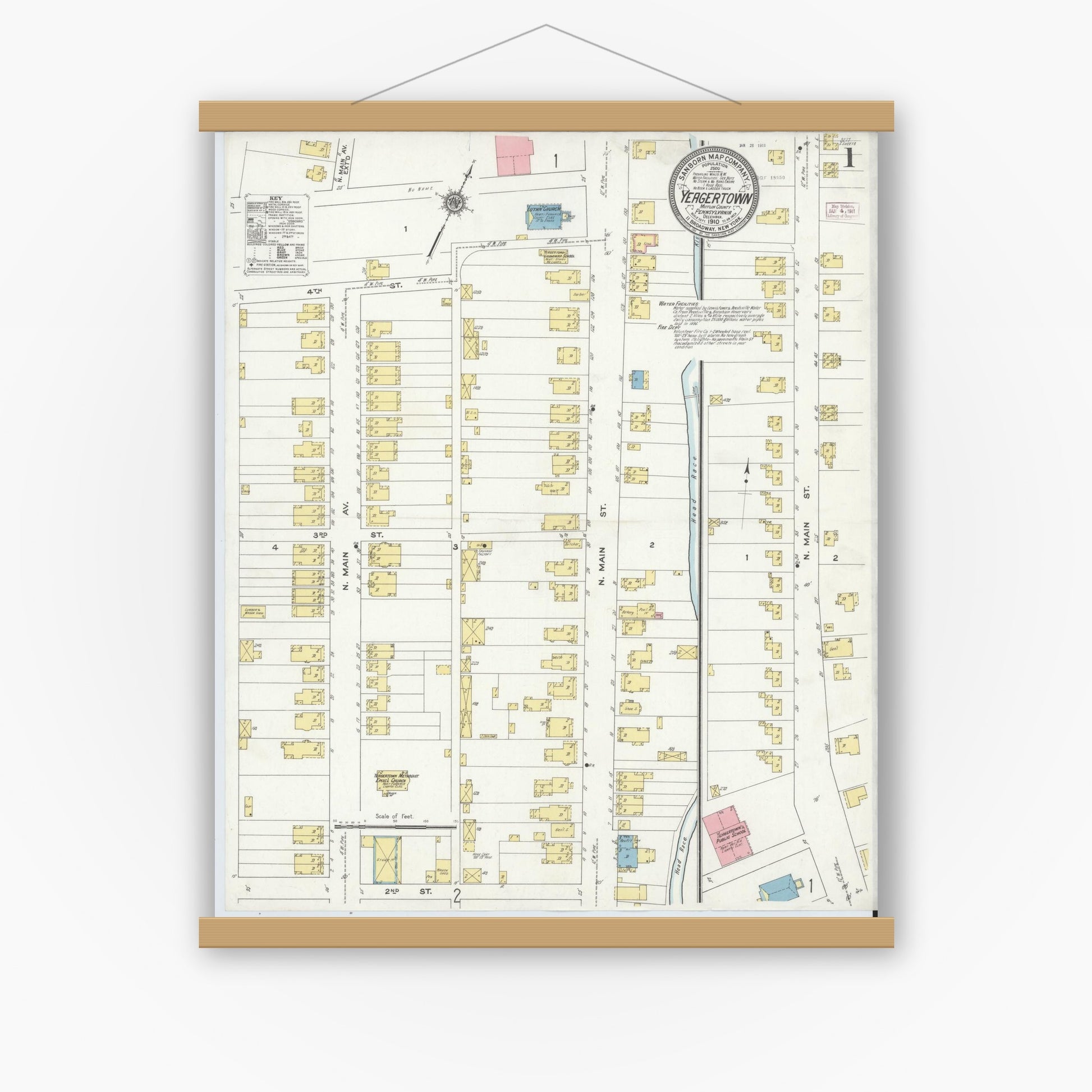 Old map wall art mockup — magnetic wood frame on white wall — Sanborn Fire Insurance Map from Yeagertown, Mifflin County, Pennsylvania (1910), Sheet #0001