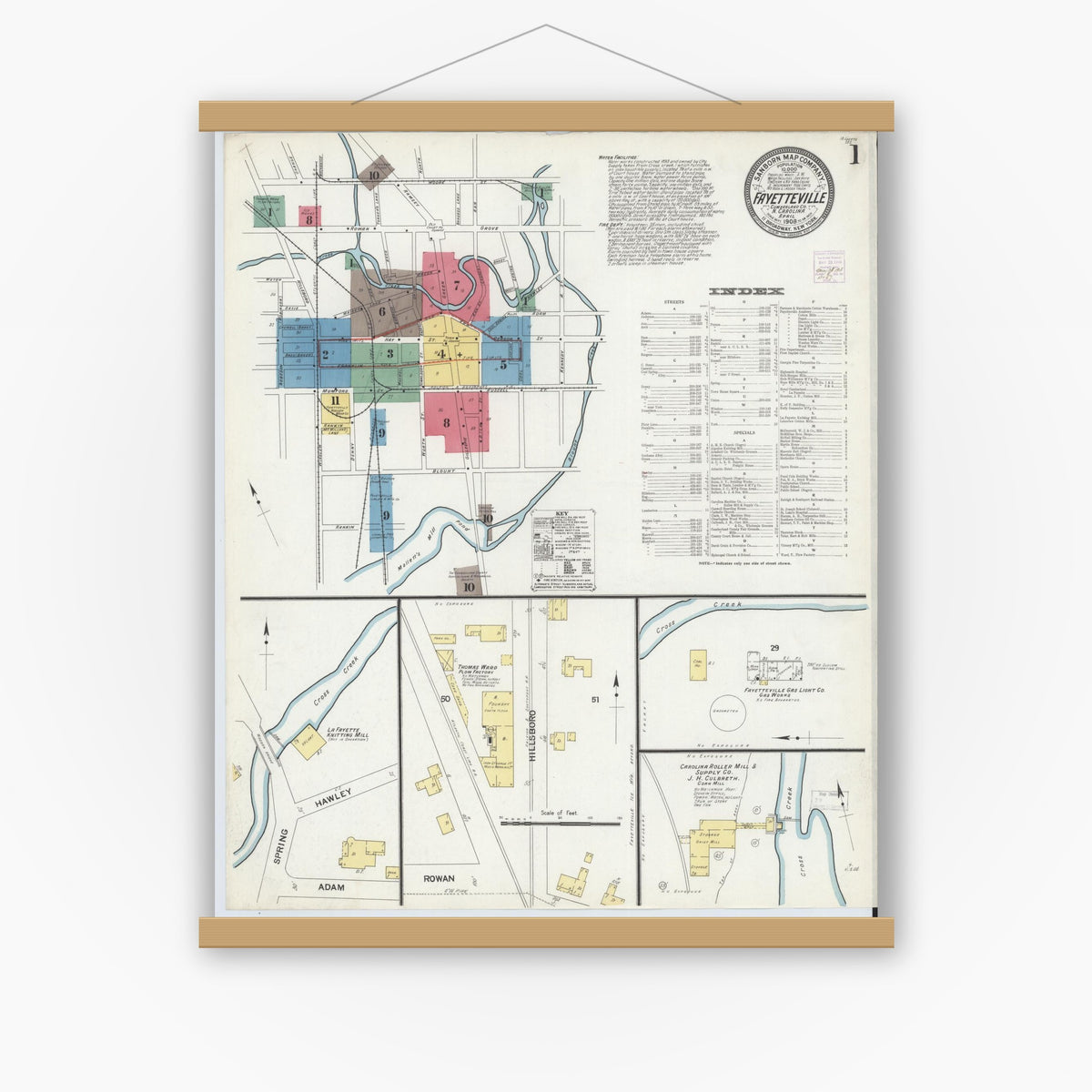 Old map wall art mockup — magnetic wood frame on white wall — Sanborn Fire Insurance Map from Fayetteville, Cumberland County, North Carolina (1908) - Complete Map Set