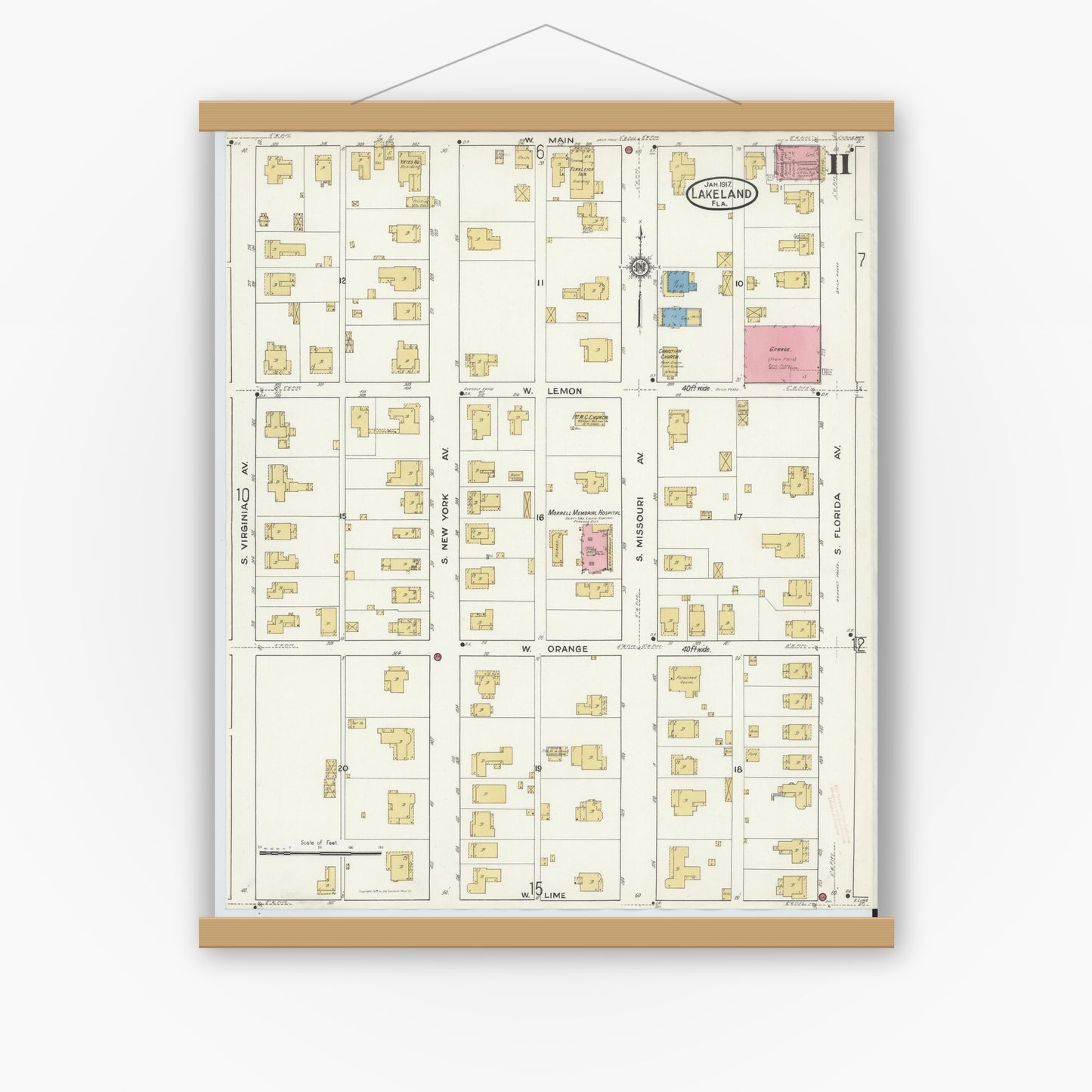 Old map wall art mockup — magnetic wood frame on white wall — Sanborn Fire Insurance Map from Lakeland, Polk County, Florida (1917), Sheet #0011