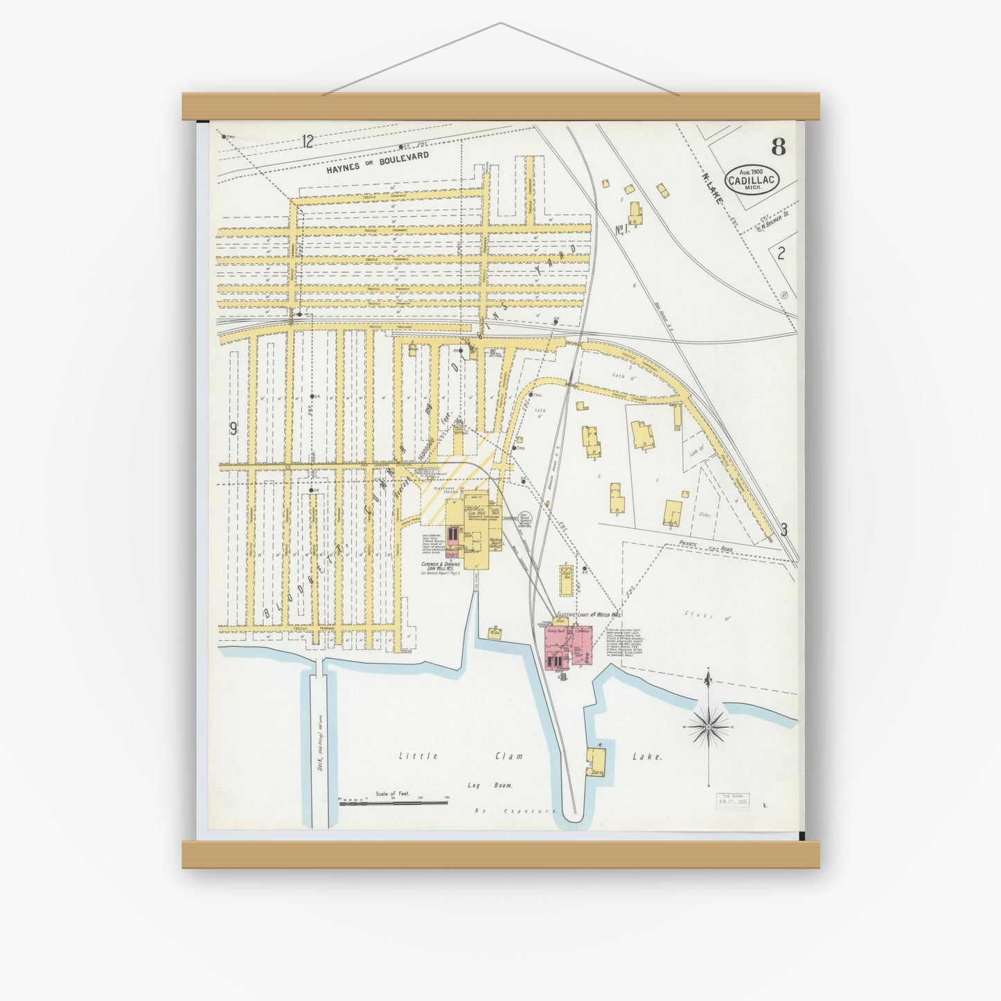 Old map wall art mockup — magnetic wood frame on white wall — Sanborn Fire Insurance Map from Cadillac, Wexford County, Michigan (1900), Sheet #0008