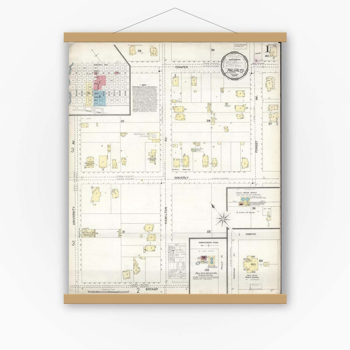 Old map wall art mockup — magnetic wood frame on white wall — Sanborn Fire Insurance Map from Palo Alto, Santa Clara County, California (1897) - Complete Map Set