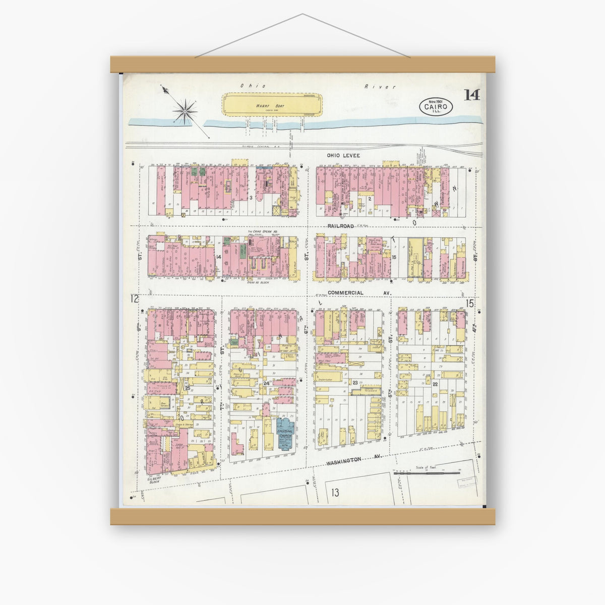 Old map wall art mockup — magnetic wood frame on white wall — Sanborn Fire Insurance Map from Cairo, Alexander County, Illinois (1901), Sheet #0014