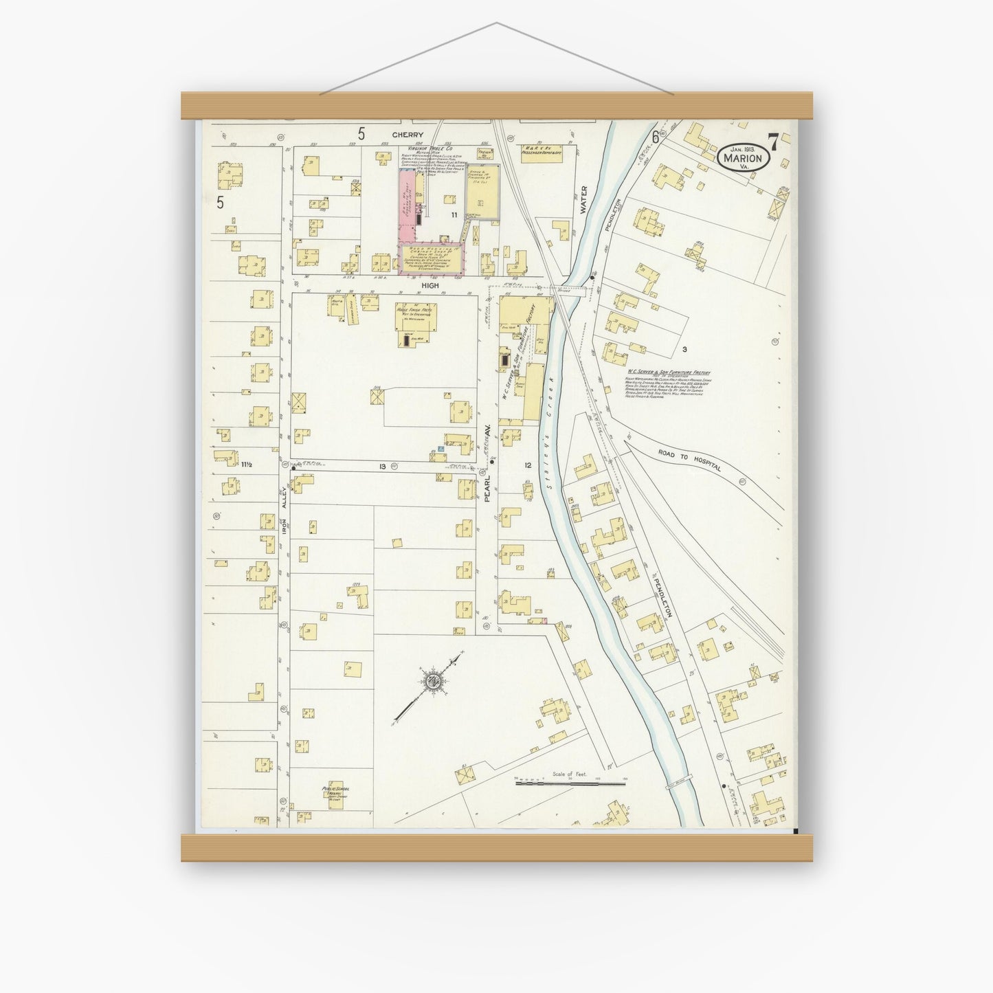 Old map wall art mockup — magnetic wood frame on white wall — Sanborn Fire Insurance Map from Marion, Smyth County, Virginia (1913), Sheet #0007