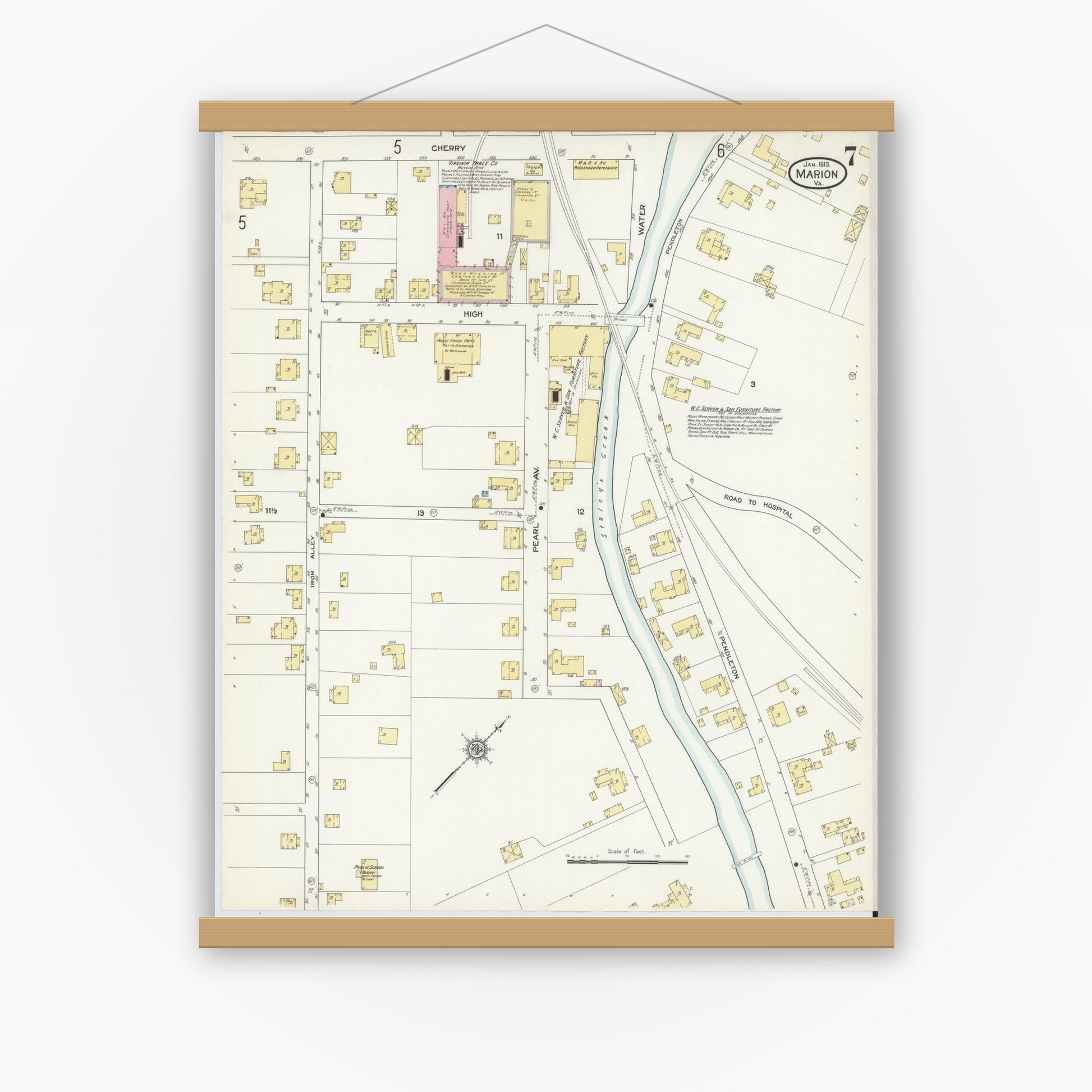 Old map wall art mockup — magnetic wood frame on white wall — Sanborn Fire Insurance Map from Marion, Smyth County, Virginia (1913), Sheet #0007