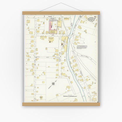 Old map wall art mockup — magnetic wood frame on white wall — Sanborn Fire Insurance Map from Marion, Smyth County, Virginia (1913), Sheet #0007