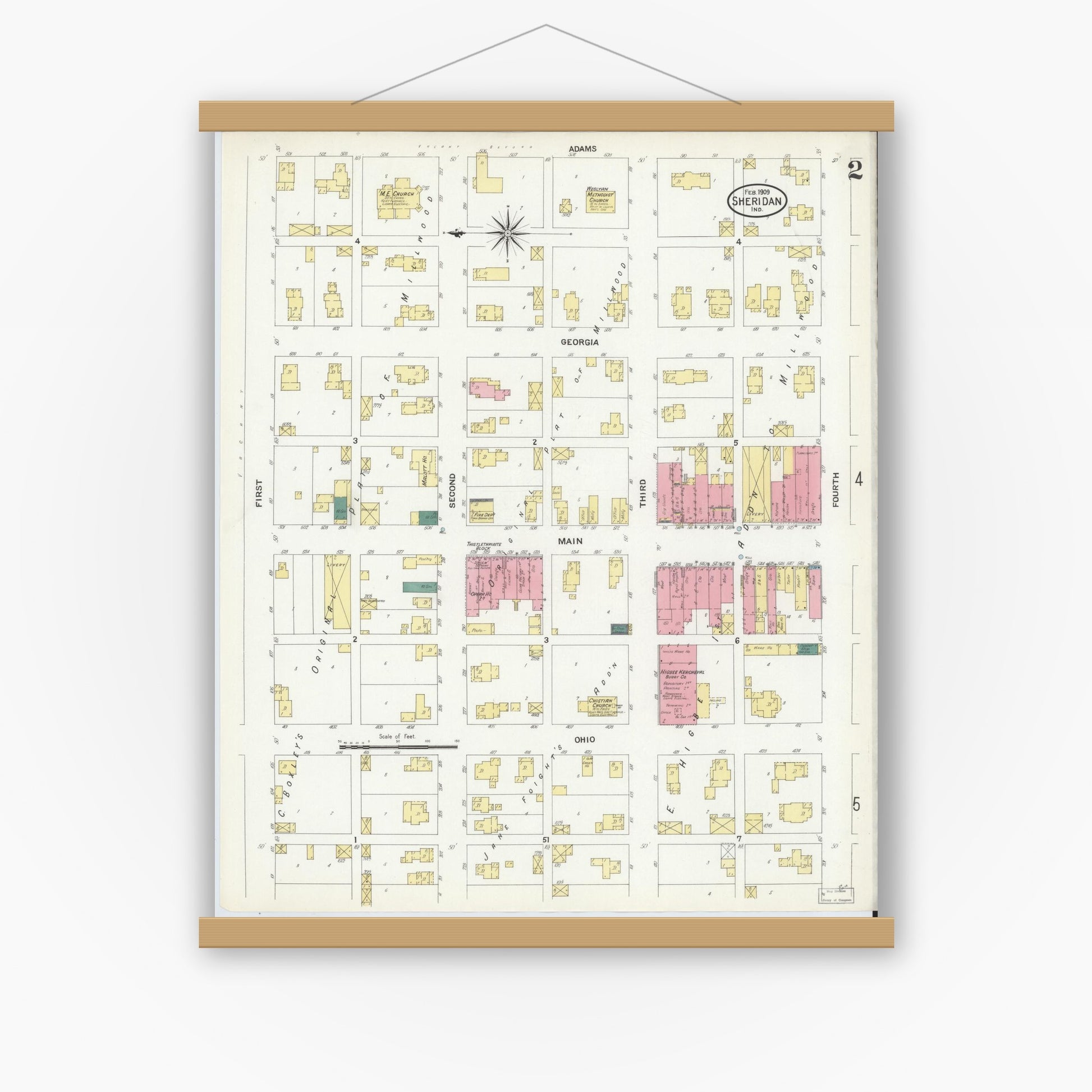 Old map wall art mockup — magnetic wood frame on white wall — Sanborn Fire Insurance Map from Sheridan, Hamilton County, Indiana (1909), Sheet #0002