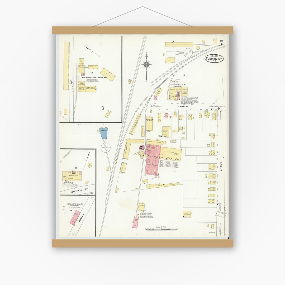 Old map wall art mockup — magnetic wood frame on white wall — Sanborn Fire Insurance Map from Flemington, Hunterdon County, New Jersey (1910), Sheet #0007