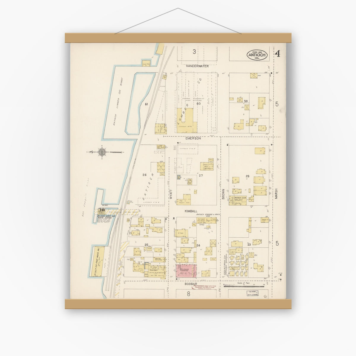 Old map wall art mockup — magnetic wood frame on white wall — Sanborn Fire Insurance Map from Antioch, Contra Costa County, California (1912), Sheet #0004