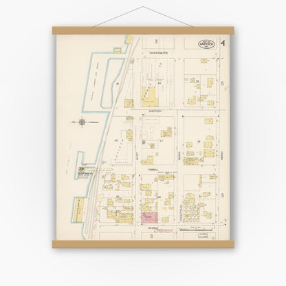 Old map wall art mockup — magnetic wood frame on white wall — Sanborn Fire Insurance Map from Antioch, Contra Costa County, California (1912), Sheet #0004