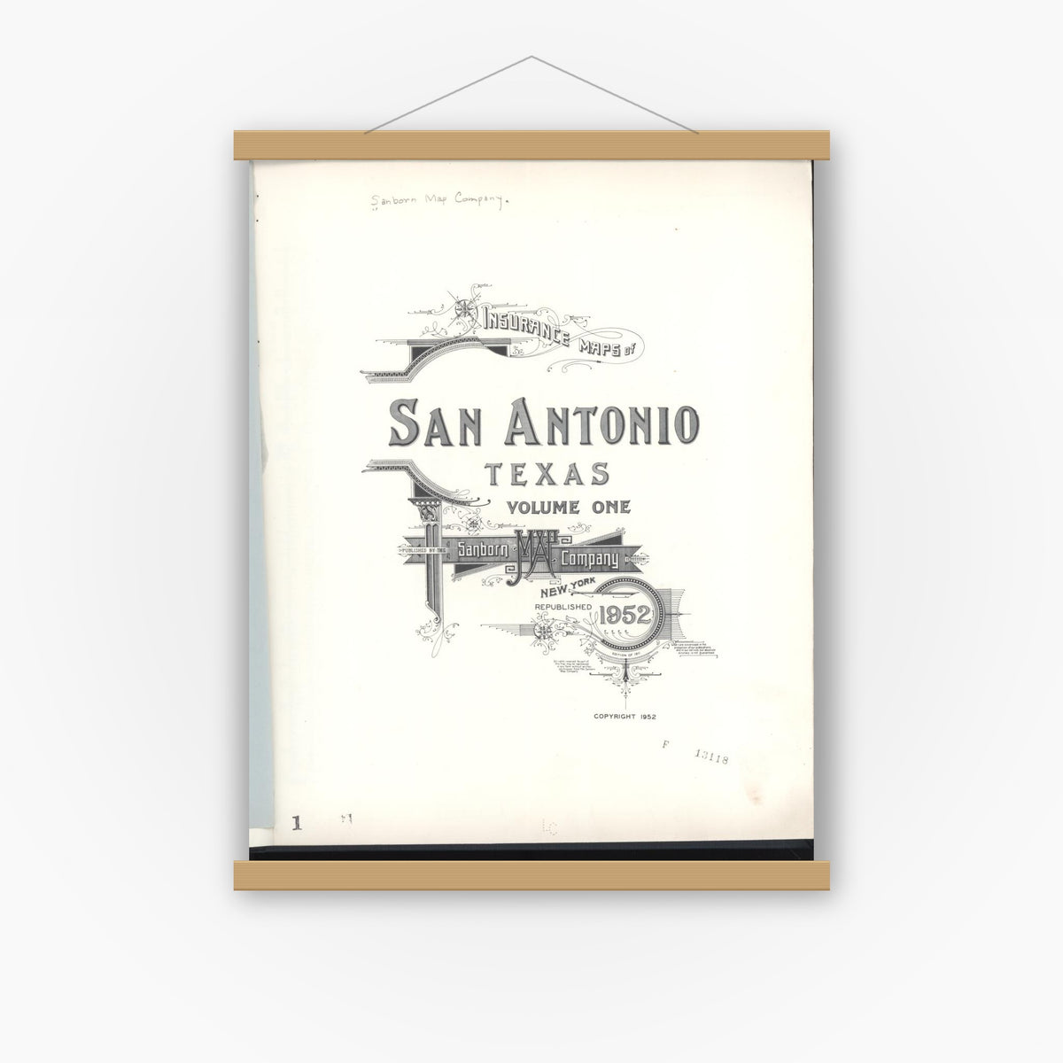Old map wall art mockup — magnetic wood frame on white wall — Sanborn Fire Insurance Map from San Antonio, Bexar County, Texas (1952), Sheet #0001