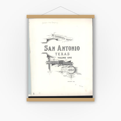 Old map wall art mockup — magnetic wood frame on white wall — Sanborn Fire Insurance Map from San Antonio, Bexar County, Texas (1952), Sheet #0001