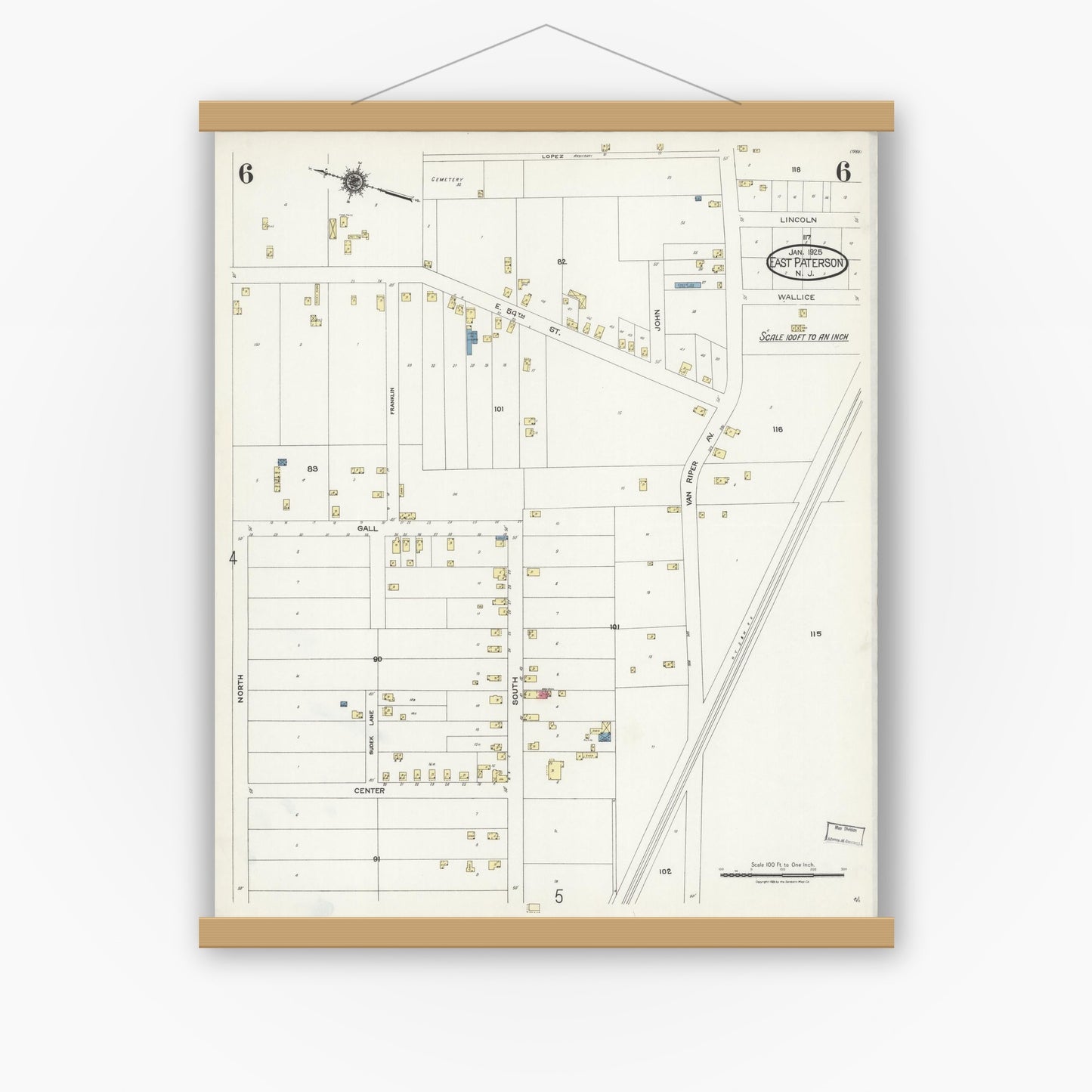 Old map wall art mockup — magnetic wood frame on white wall — Sanborn Fire Insurance Map from East Paterson, Bergen County, New Jersey (1925), Sheet #0006