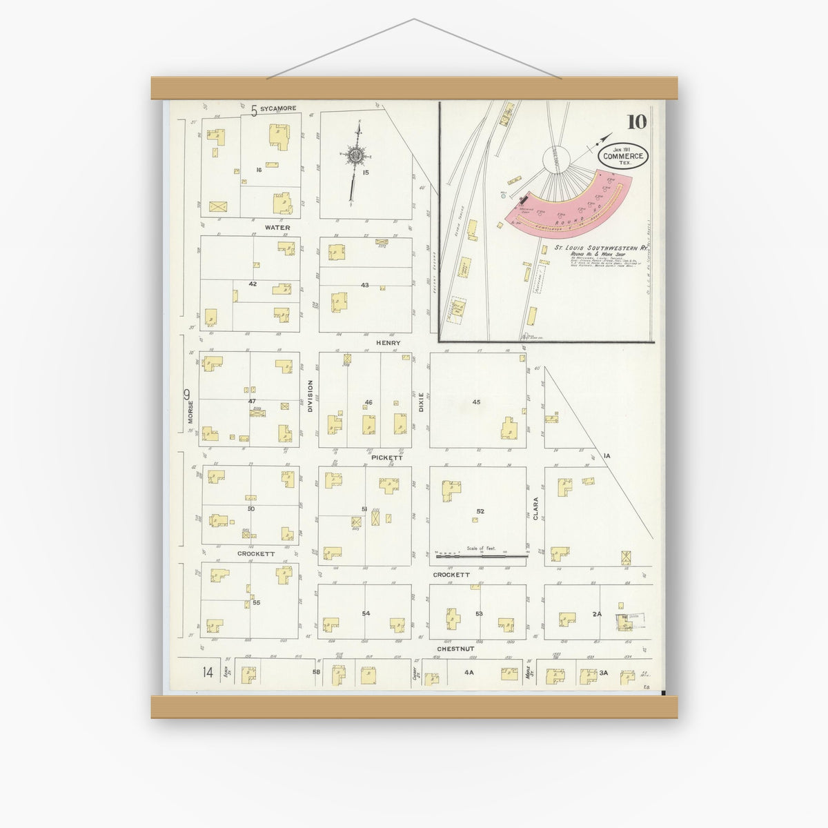 Old map wall art mockup — magnetic wood frame on white wall — Sanborn Fire Insurance Map from Commerce, Hunt County, Texas (1911), Sheet #0010
