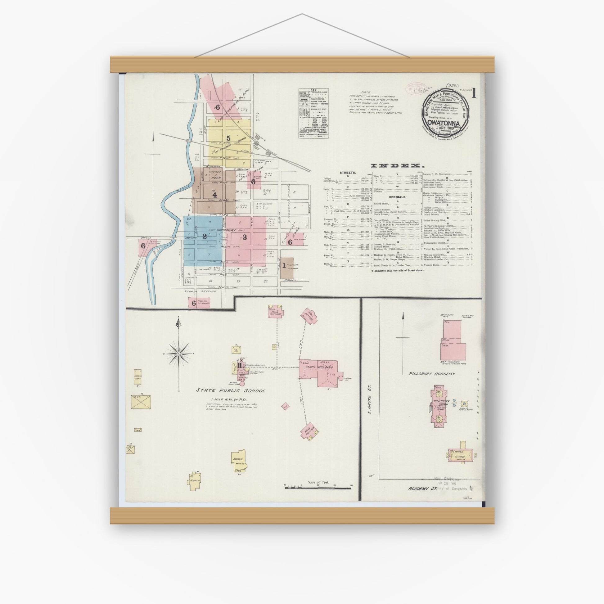 Old map wall art mockup — magnetic wood frame on white wall — Sanborn Fire Insurance Map from Owatonna, Steele County, Minnesota (1889), Sheet #0001
