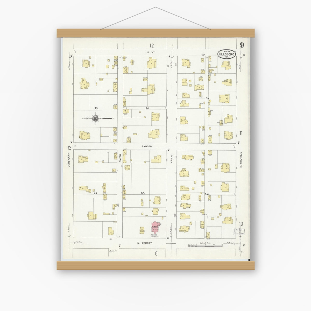 Old map wall art mockup — magnetic wood frame on white wall — Sanborn Fire Insurance Map from Hillsboro, Hill County, Texas (1911), Sheet #0009