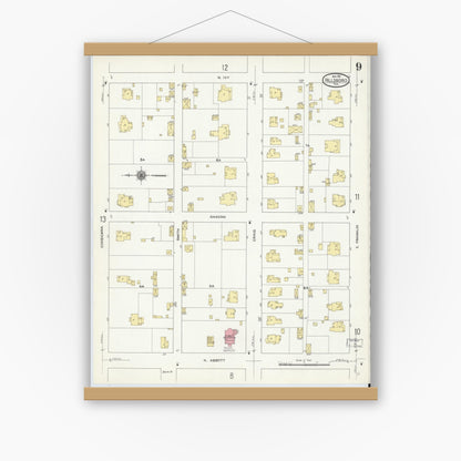 Old map wall art mockup — magnetic wood frame on white wall — Sanborn Fire Insurance Map from Hillsboro, Hill County, Texas (1911), Sheet #0009