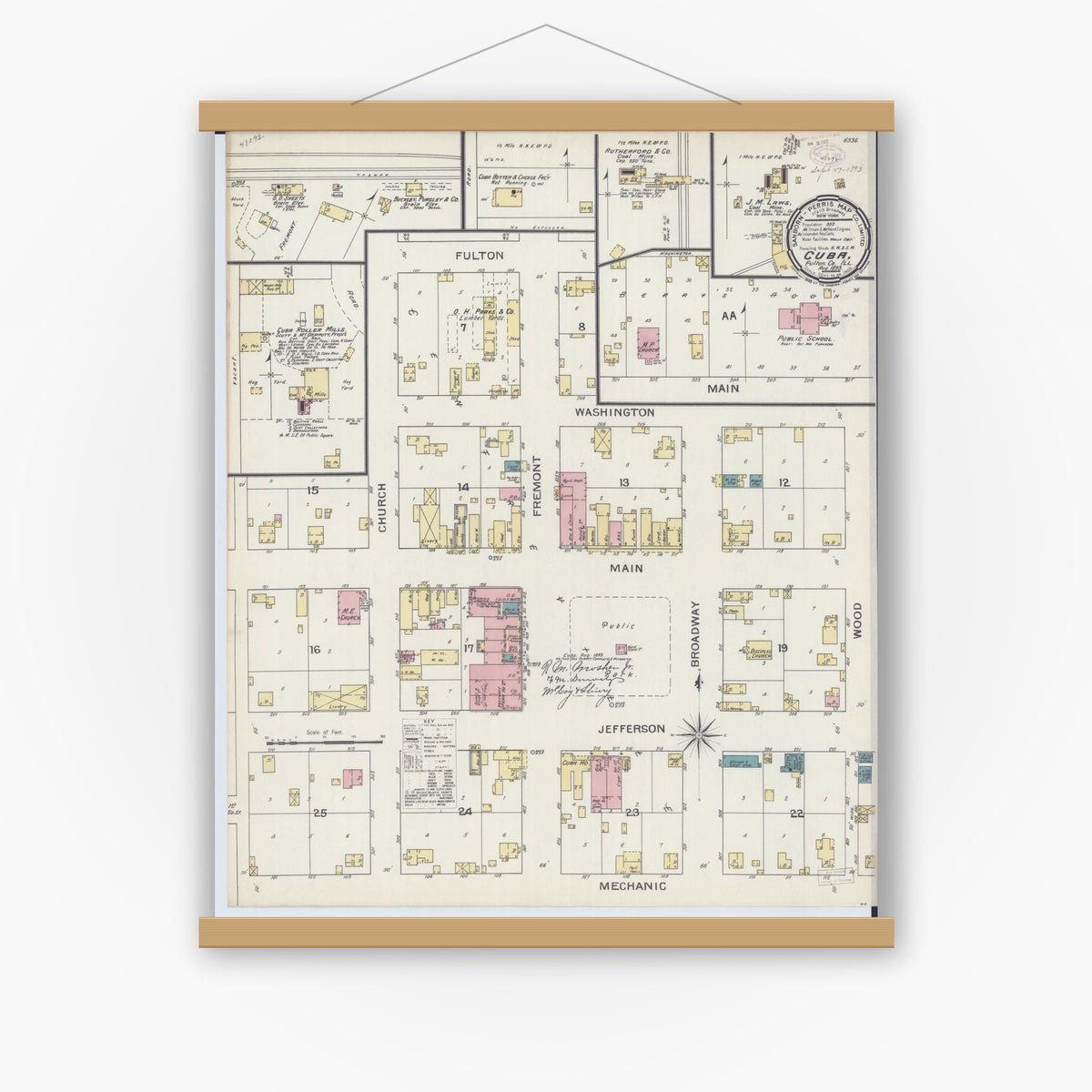 Old map wall art mockup — magnetic wood frame on white wall — Sanborn Fire Insurance Map from Cuba, Fulton County, Illinois (1893), Sheet #0001