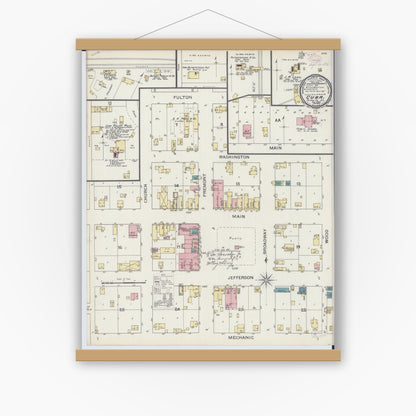 Old map wall art mockup — magnetic wood frame on white wall — Sanborn Fire Insurance Map from Cuba, Fulton County, Illinois (1893), Sheet #0001